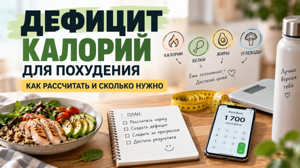 Дефицит калорий для похудения: полезная тарелка, блокнот с планом и смартфон с расчётом калорий
