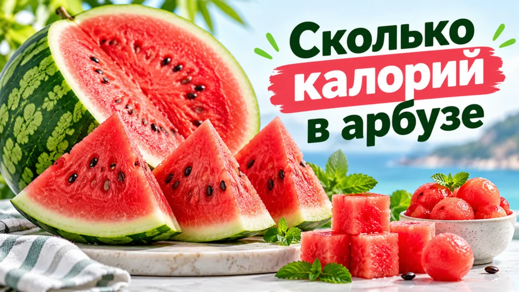 Сколько калорий в арбузе — свежий арбуз, дольки и кусочки красной мякоти