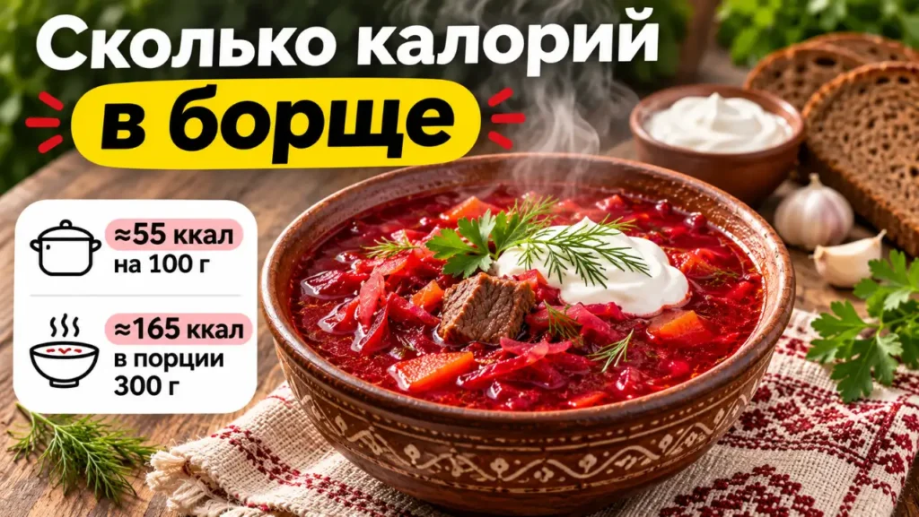 Сколько калорий в борще — тарелка красного борща с говядиной, сметаной и зеленью