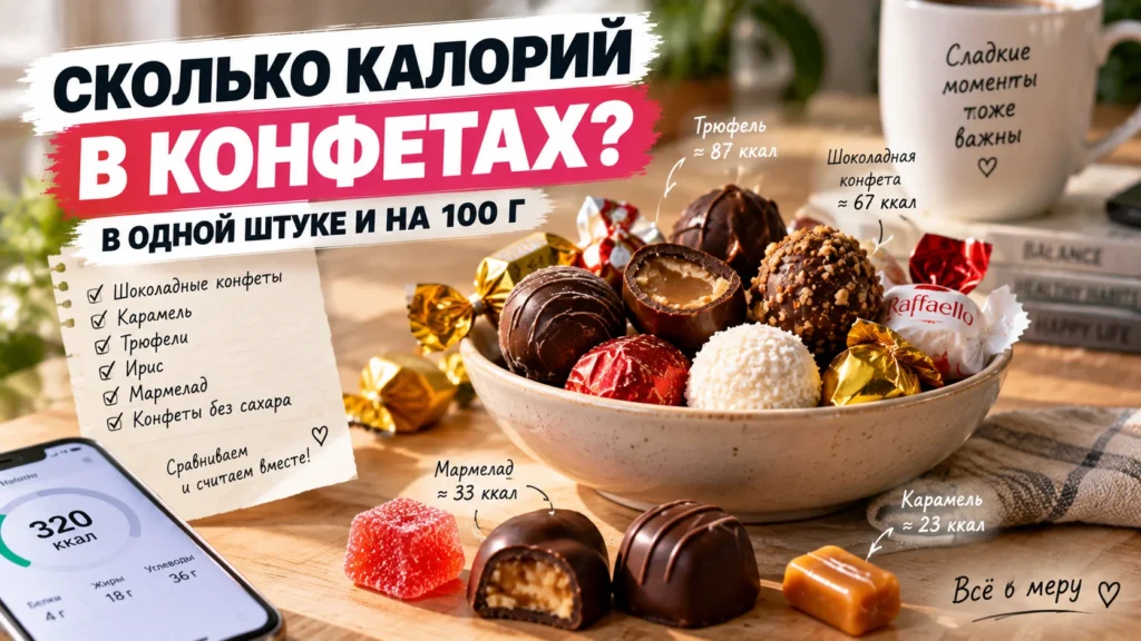 Сколько калорий в конфетах — в одной штуке и на 100 грамм