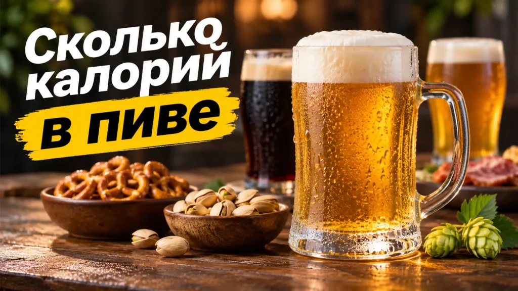 Сколько калорий в пиве — кружка светлого пива, тёмное пиво и закуски на деревянном столе