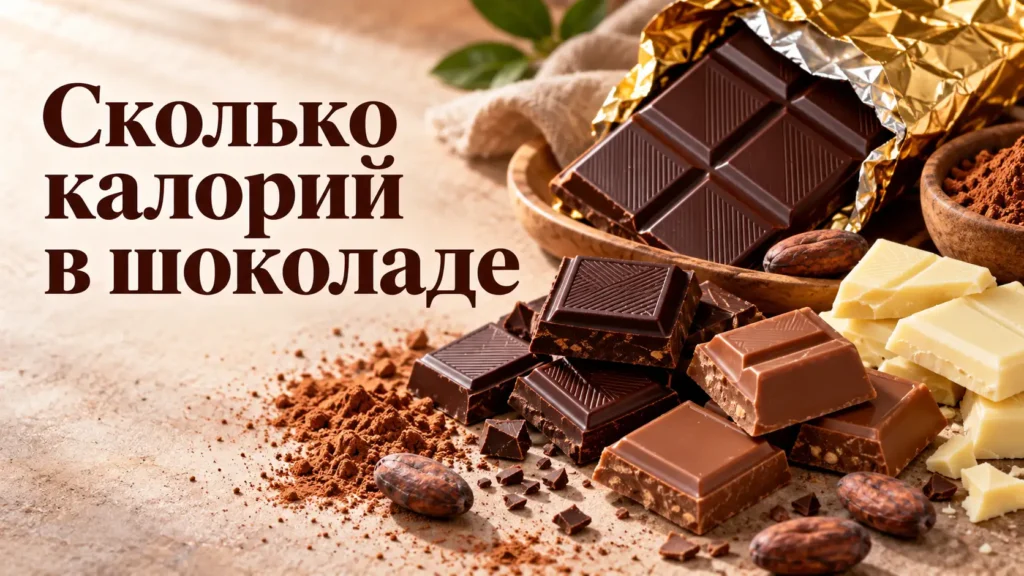 Сколько калорий в шоколаде — плитки горького, молочного и белого шоколада, дольки и какао-бобы